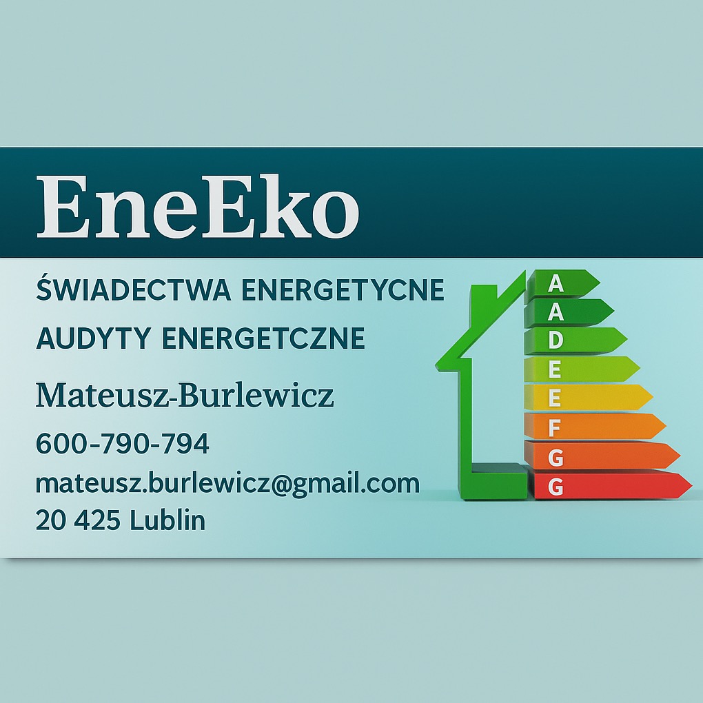 EneEko: Świadectwa i audyty energetyczne. Grafika z oceną energetyczną budynku w kształcie domu, kontakt: Mateusz-Burlewicz, Lublin.