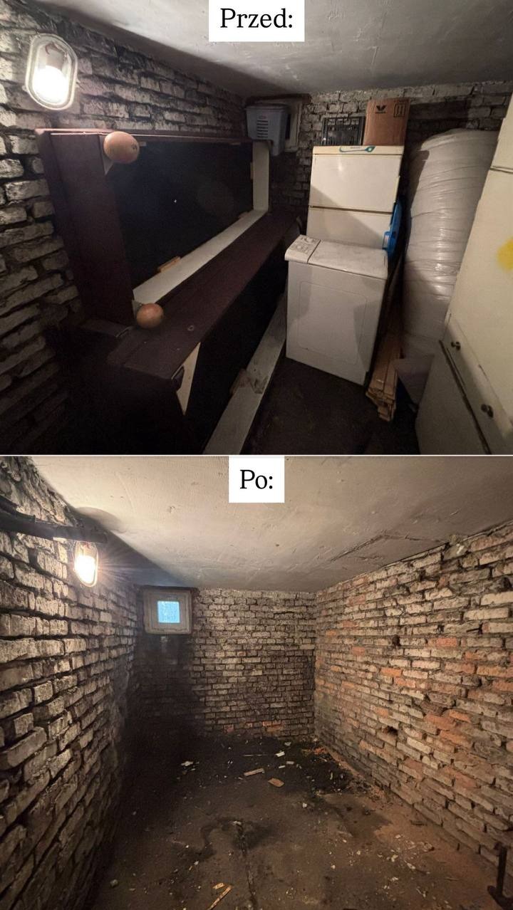 Zdjęcie 'przed i po' przedstawia piwnicę: zagracona bilardem i sprzętami, a następnie pusta, z gołymi ścianami z cegły i małym oknem. Widoczne oświetlenie sufitowe.