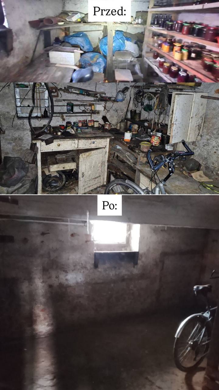 Opróżnianie piwnicy w Dąbrowie Górniczej: zdjęcie 'przed' - zagracona przestrzeń z narzędziami i słoikami, 'po' - pusta piwnica z rowerem. Porównanie efektu.