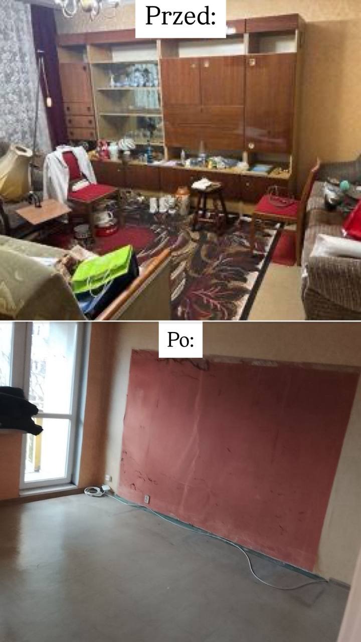 Opróżnione mieszkanie: zdjęcie 'przed' - zagracone wnętrze z meblami i dywanem, 'po' - puste pomieszczenie z pomalowaną ścianą i widoczną podłogą.