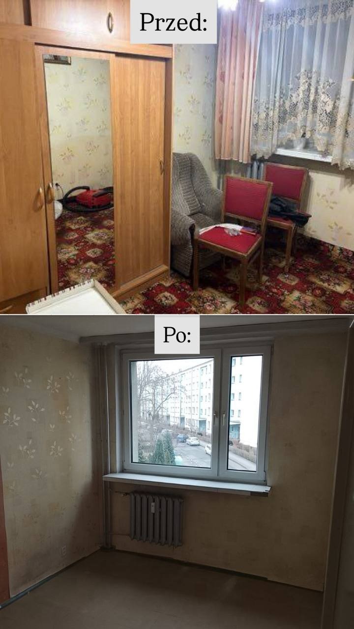 Zdjęcie 'przed i po' przedstawia pokój przed opróżnieniem - z meblami i dywanem, oraz po - z oknem i grzejnikiem, bez wyposażenia. Widoczne ślady na ścianach.