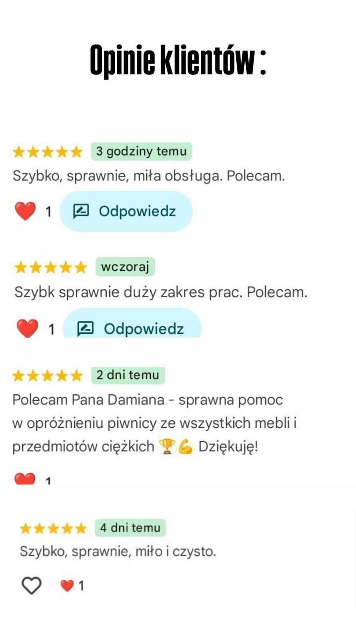 Zrzut ekranu z opiniami klientów, chwalących szybkość, sprawność i miłą obsługę, w tym polecenie opróżnienia piwnicy z mebli i ciężkich przedmiotów.
