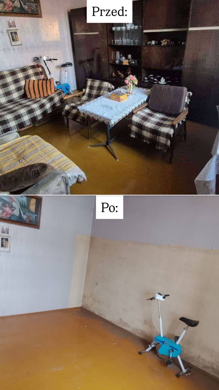 Zdjęcie 'przed i po' przedstawia pokój przed opróżnieniem - zagracony, z meblami i sprzętami, oraz po opróżnieniu - puste ściany i podłoga, z rowerem stacjonarnym.