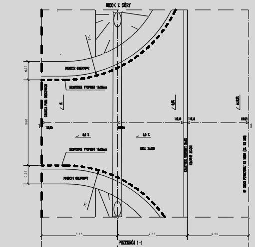 Techniczny rysunek przekroju drogi z zaznaczonymi wymiarami, widok z góry, przekrój 1-1, czarne linie na szarym tle, detale konstrukcyjne.