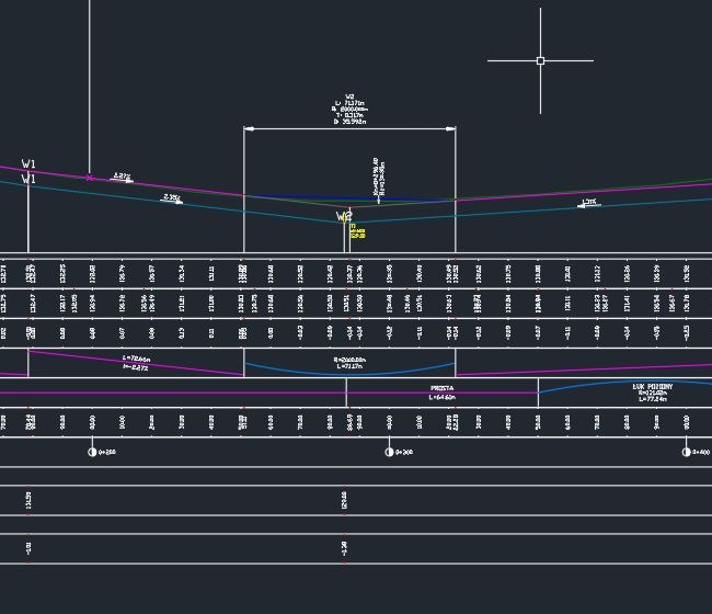 Plan inżynieryjny z naniesionymi danymi wysokościowymi i oznaczeniami, widok z góry na ciemnym tle, charakterystyczny dla dokumentacji technicznej.