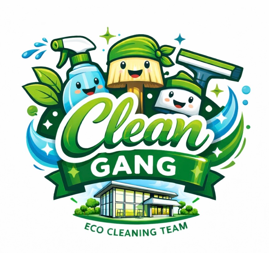 Ilustracja: uśmiechnięte narzędzia do sprzątania (mop, spryskiwacz, ściągaczka) nad budynkiem. Napis 'Clean Gang', 'Eco Cleaning Team'.