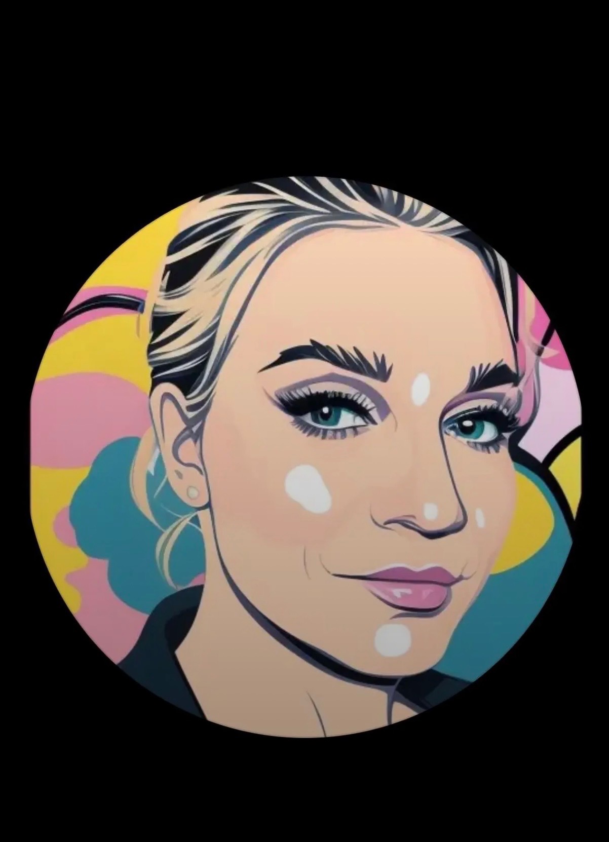 Ilustracja portretowa kobiety z blond włosami i niebieskimi oczami na tle abstrakcyjnych, kolorowych plam. Stylizowane ujęcie, przypominające grafikę wektorową.