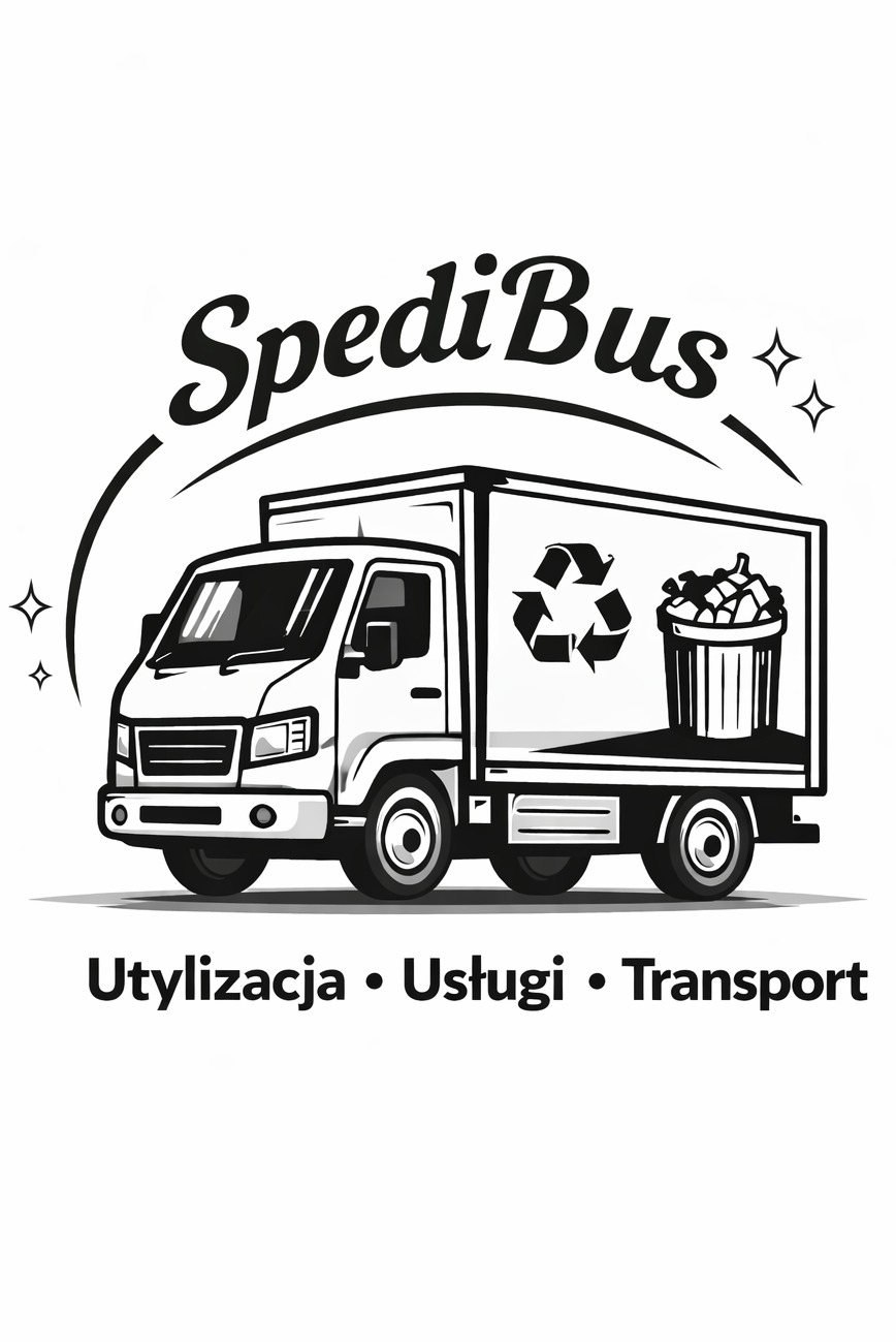 Grafika wektorowa: biało-czarny samochód dostawczy z logo recyklingu i koszem pełnym odpadów. Napis: SpediBus, Utylizacja, Usługi, Transport.
