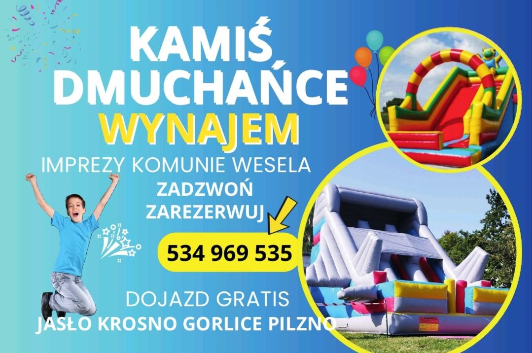 Grafika reklamowa: Wynajem dmuchańców Kamiś na imprezy, komunie, wesela. Chłopiec skacze z radości. Kontakt: 534 969 535. Darmowy dojazd: Jasło, Krosno, Gorlice, Pilzno.