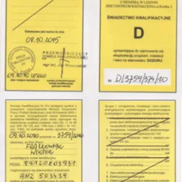 Skan czterech fragmentów świadectwa kwalifikacyjnego elektryka, potwierdzającego uprawnienia do zajmowania się eksploatacją urządzeń, instalacji i sieci na stanowisku dozoru, z datą ważności do 08.