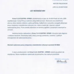 Skan dokumentu referencyjnego dla firmy F.U.H ELEKTRO-SPINER, potwierdzający współpracę w zakresie usług związanych z oświetleniem ulicznym, wystawiony w Warszawie, 27.02.2012.