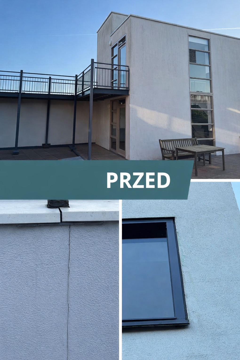 Zdjęcie elewacji budynku z widocznymi pęknięciami i zabrudzeniami, oznaczone jako stan 'PRZED' remontem. Widoczny balkon, okna i fragmenty elewacji z bliska.