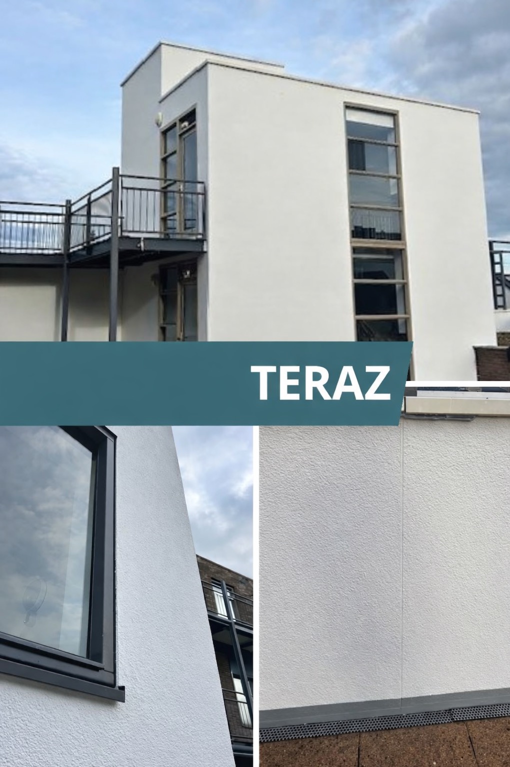 Biała, odnowiona elewacja budynku z balkonem i dużymi oknami. Widoczne detale faktury tynku i nowoczesna architektura. Ujęcie z dołu podkreśla geometrię budynku.