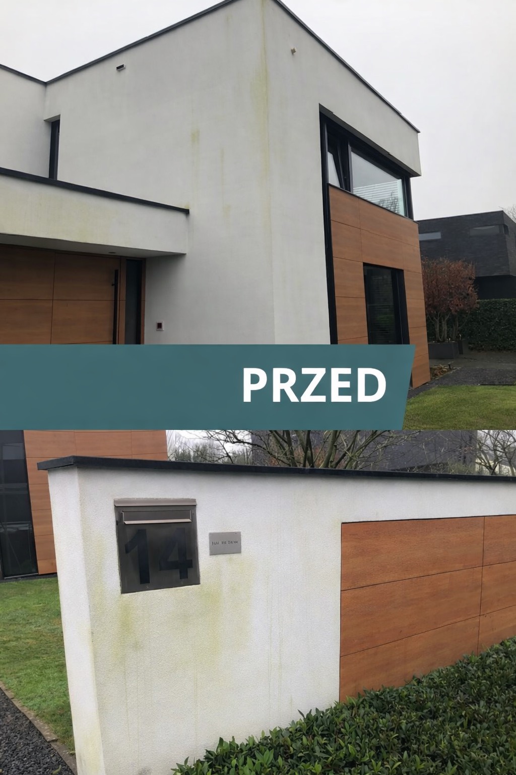 Zdjęcie elewacji nowoczesnego domu z widocznymi zabrudzeniami i zielonym nalotem, z nałożonym napisem 'PRZED', sugerujące stan przed czyszczeniem.