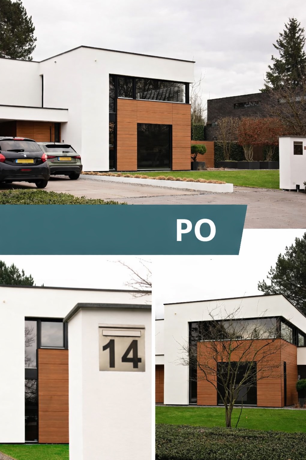 Nowoczesny dom po renowacji elewacji, z białymi ścianami i drewnianą okładziną. Widoczne dwa samochody na podjeździe i zadbany ogród. Ujęcie typu 'przed i po'.