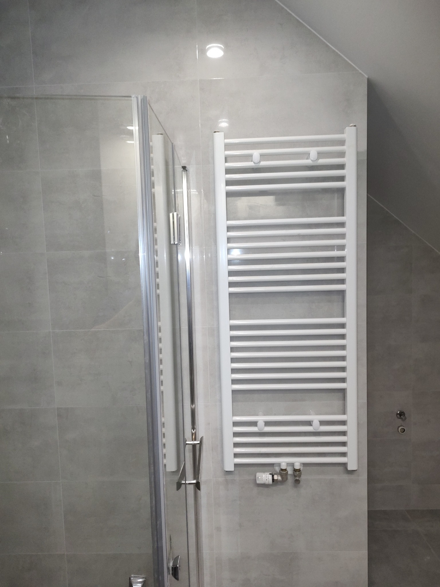 Nowoczesna łazienka w szarościach: kabina prysznicowa z chromowanymi detalami i biały grzejnik drabinkowy na tle płytek. Minimalistyczny design, oświetlenie punktowe.