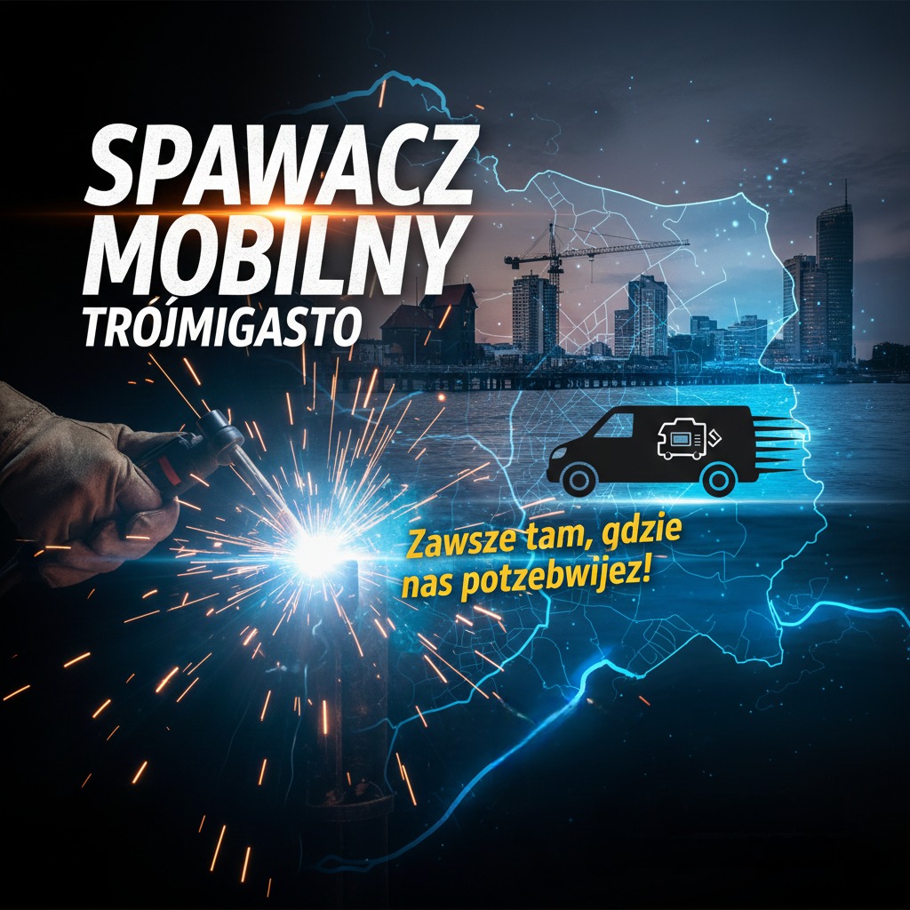 Mobilny spawacz w Trójmieście: iskry spawania na tle panoramy miasta i mapy regionu, z sylwetką furgonetki. Usługi spawalnicze z dojazdem.
