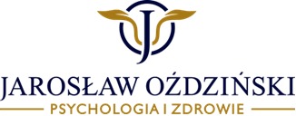 Eleganckie logo Jarosława Ożdżyńskiego z motywem litery J w okręgu i złotymi liśćmi, pod spodem napis 'Psychologia i Zdrowie' w kolorach granatu i złota.