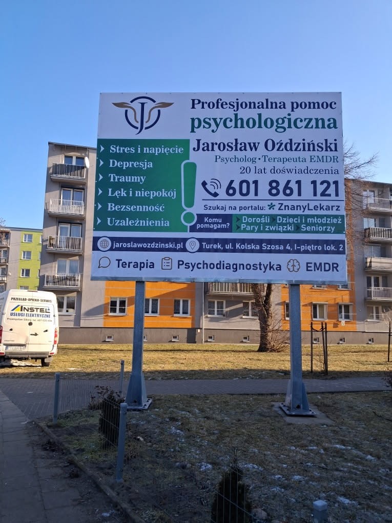 Baner reklamowy. Gabinet Psychologiczny - Jarosław Oździński, Turek, ul. Kolska Szosa 6.
