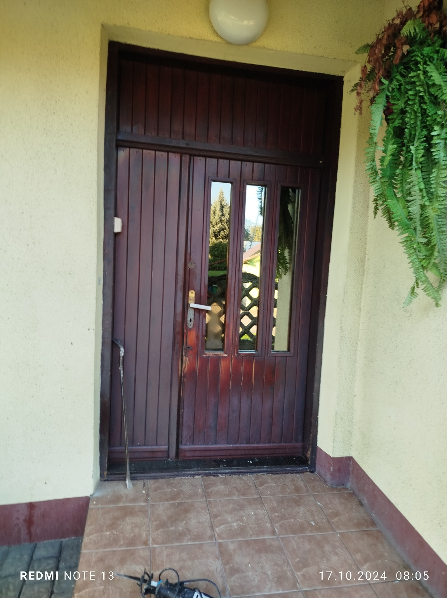 Ciemne, drewniane drzwi wejściowe z szybkami, widoczne od zewnątrz, z rośliną pnącą po prawej stronie. Na podłodze narzędzie do podważania i młot pneumatyczny.