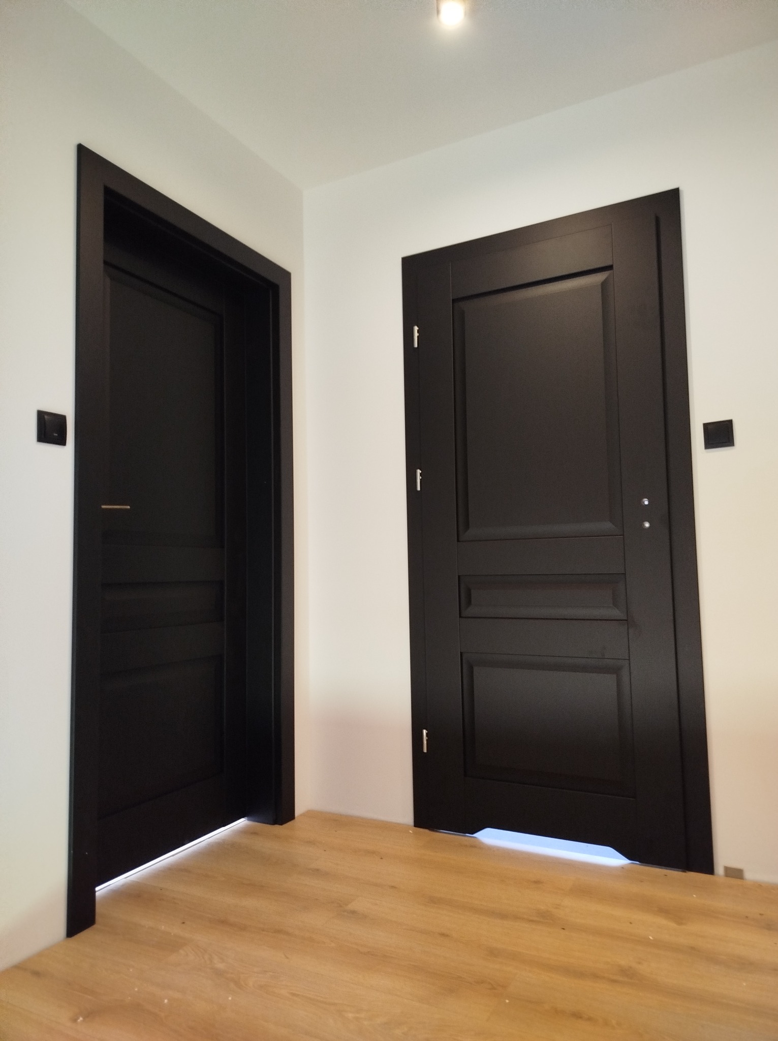 Dwa czarne, eleganckie skrzydła drzwiowe z frezowanymi panelami, zamontowane w białym wnętrzu. Widoczna drewniana podłoga i czarne włączniki światła.