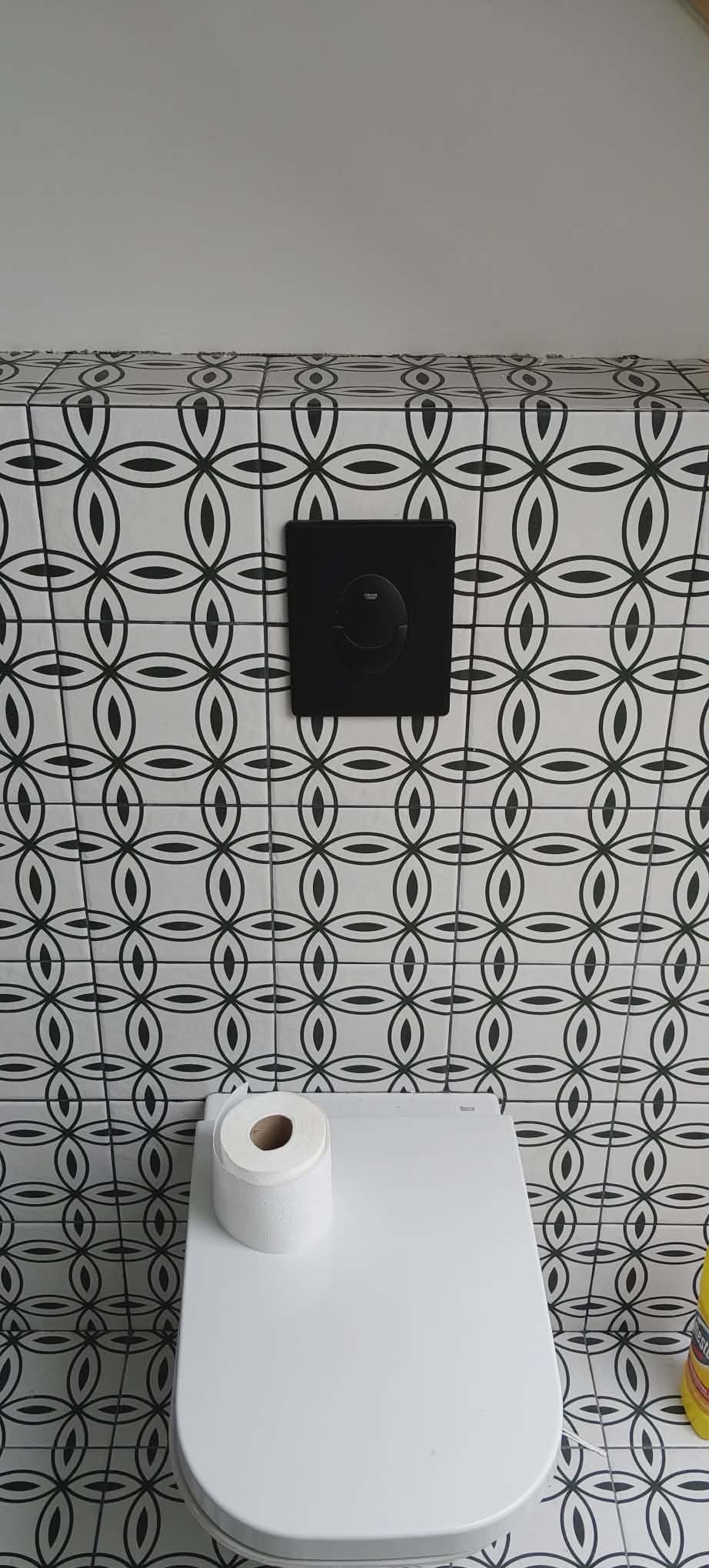 Biała toaleta z rolką papieru na tle ściany wyłożonej czarno-białymi płytkami o geometrycznym wzorze. Czarny przycisk spłuczki na ścianie.