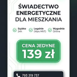Marek Bany EkoVoltPartner - Grafika reklamowa EKOVOLT PARTNER oferująca dokument oceny efektywności energetycznej mieszkania za 139 zł, dostępny szybko (24h), legalnie (Wpis MRiT) i online. Widoczne dane kontaktowe.