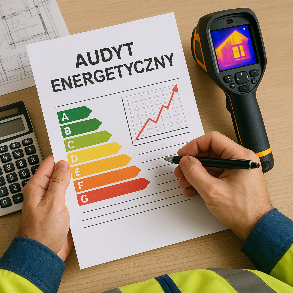 Wypełnianie formularza audytu energetycznego z termowizją budynku, kalkulatorem i planami architektonicznymi na biurku.