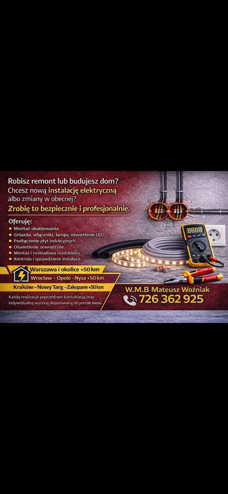 Reklama usług elektrycznych: gniazda w ścianie, miernik, przewody, listwa LED, narzędzia. Oferta obejmuje montaż okablowania, oświetlenia, podłączenie płyt indukcyjnych i inne.
