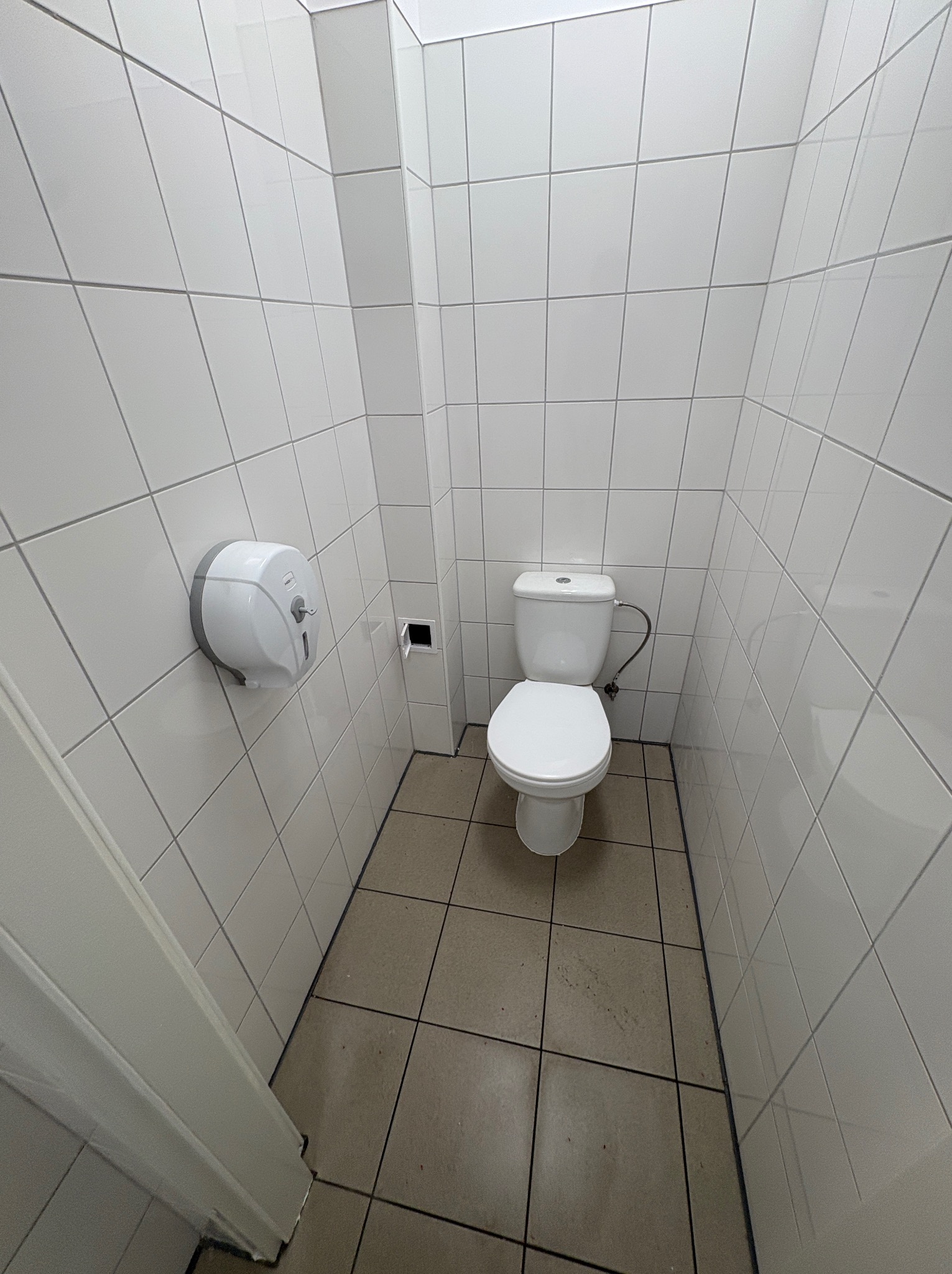 Wnętrze toalety po remoncie: białe, kwadratowe płytki na ścianach, beżowa podłoga z płytek, biała muszla klozetowa i podajnik na papier. Widok z perspektywy drzwi.