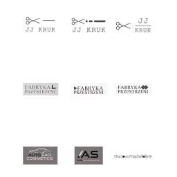Aerie studio - Kompilacja minimalistycznych logotypów w odcieniach szarości na białym tle, prezentująca różnorodne style i typografie dla firm z różnych branż.