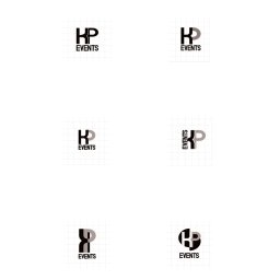 Aerie studio - Kompilacja sześciu wariantów logo 'KP Events' na siatce. Czarno-szare projekty z różnymi układami liter i elementami graficznymi. Minimalistyczny styl, widoczny napis 'logotypy' na dole.