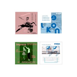 Aerie studio - Kolaż grafik społecznościowych: taniec w różu, impreza taneczna w zieleni i cytat klienta Elkon Polska z logo. Różne style i tematy w jednym ujęciu.