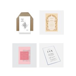 Aerie studio - Cztery różne, eleganckie kartki okolicznościowe z unikalnymi wzorami i kolorystyką, ułożone na białym tle. Widoczne detale typograficzne i graficzne.