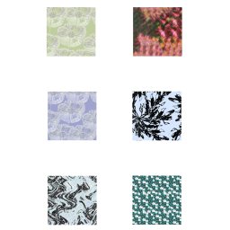 Aerie studio - Kolekcja sześciu unikalnych wzorów graficznych w kwadratowych kadrach, każdy z odmienną kolorystyką i motywem, od kwiatowych po abstrakcyjne, na białym tle z napisem 'wzory'.