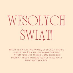 Aerie studio - Kartka z życzeniami 'Wesołych Świąt!' z dekoracyjnymi gałązkami ostrokrzewu na górze i dole, tekst w kolorze czerwonym na beżowym tle. Elegancki font.
