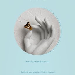 Aerie studio - Grafika reklamowa biżuterii: brylant, złoty pierścionek na dłoni manekina i pierścionek z ornamentem. Pastelowe tło, hasła o luksusie i unikalności. Minimalistyczny design.