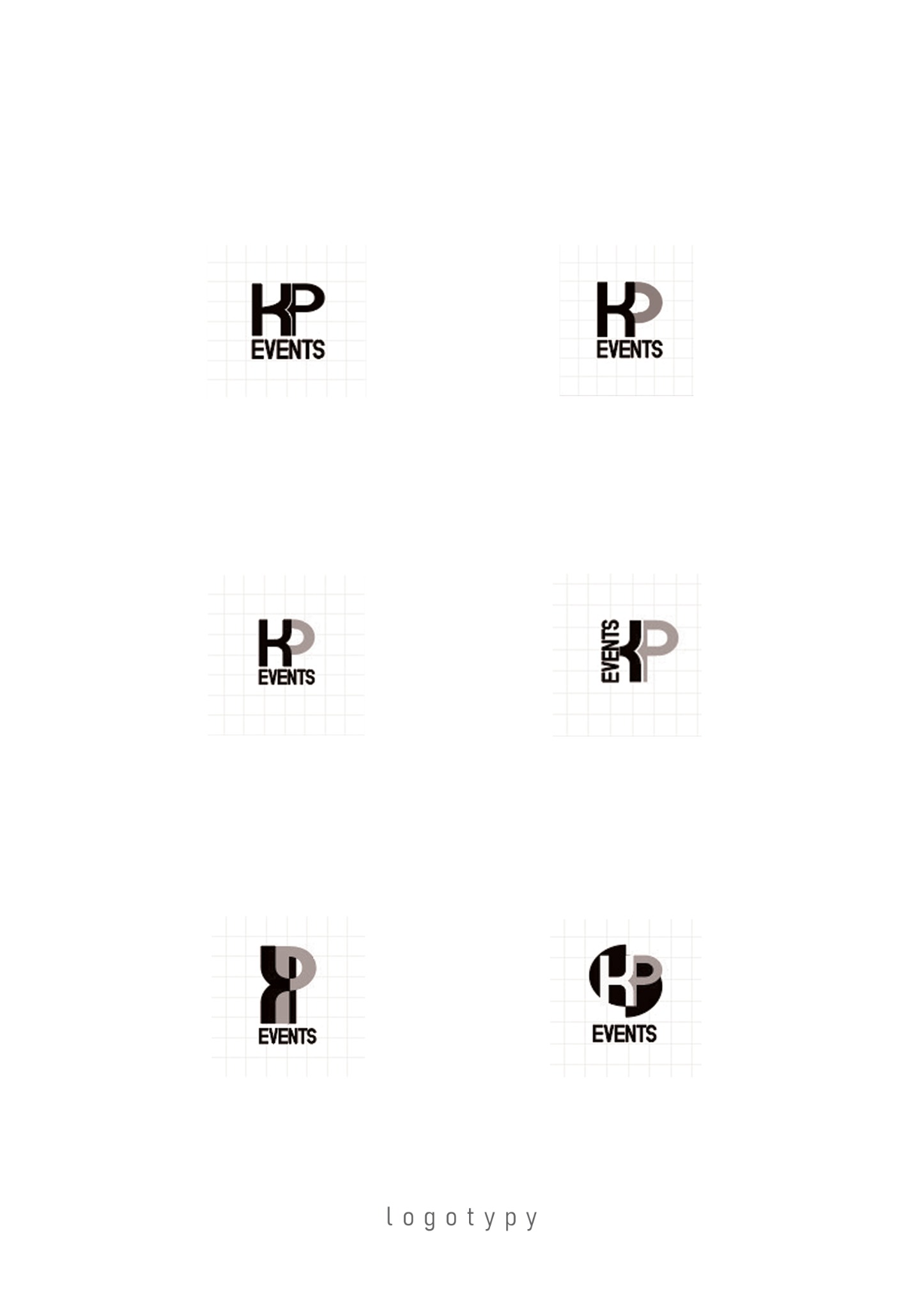 Kompilacja sześciu wariantów logo 'KP Events' na siatce. Czarno-szare projekty z różnymi układami liter i elementami graficznymi. Minimalistyczny styl, widoczny napis 'logotypy' na dole.