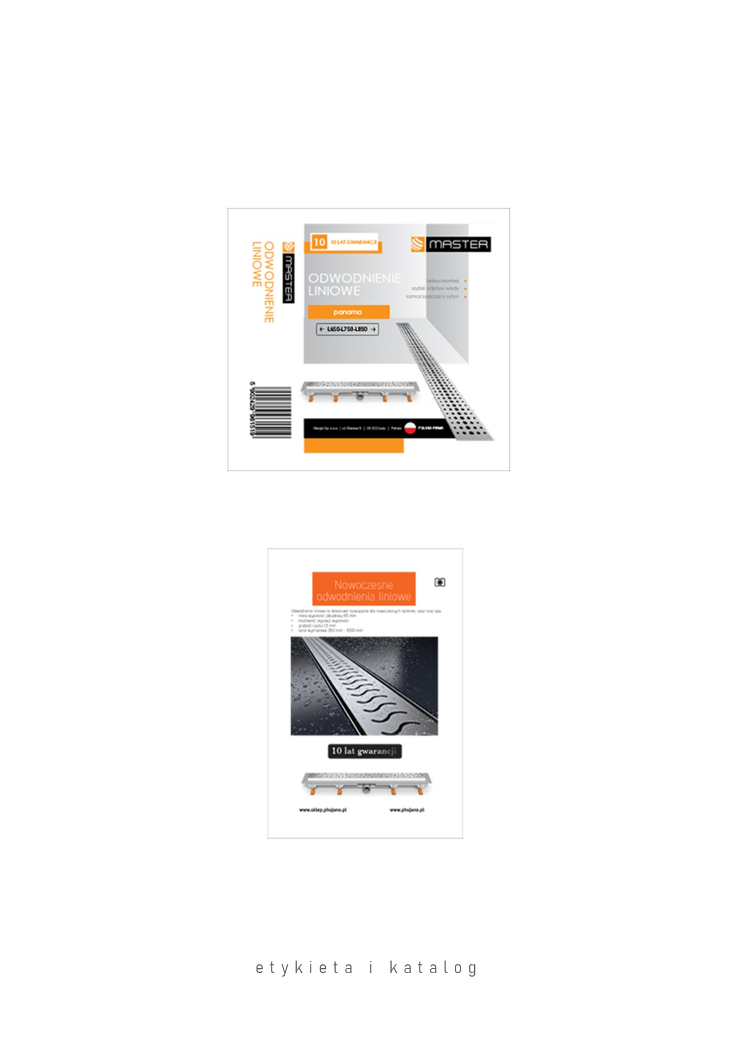 Etykieta i katalog odwodnień liniowych Master z Chęcin, prezentujące nowoczesne rozwiązania. Widoczne logo, gwarancja 10 lat i szczegóły techniczne produktu.