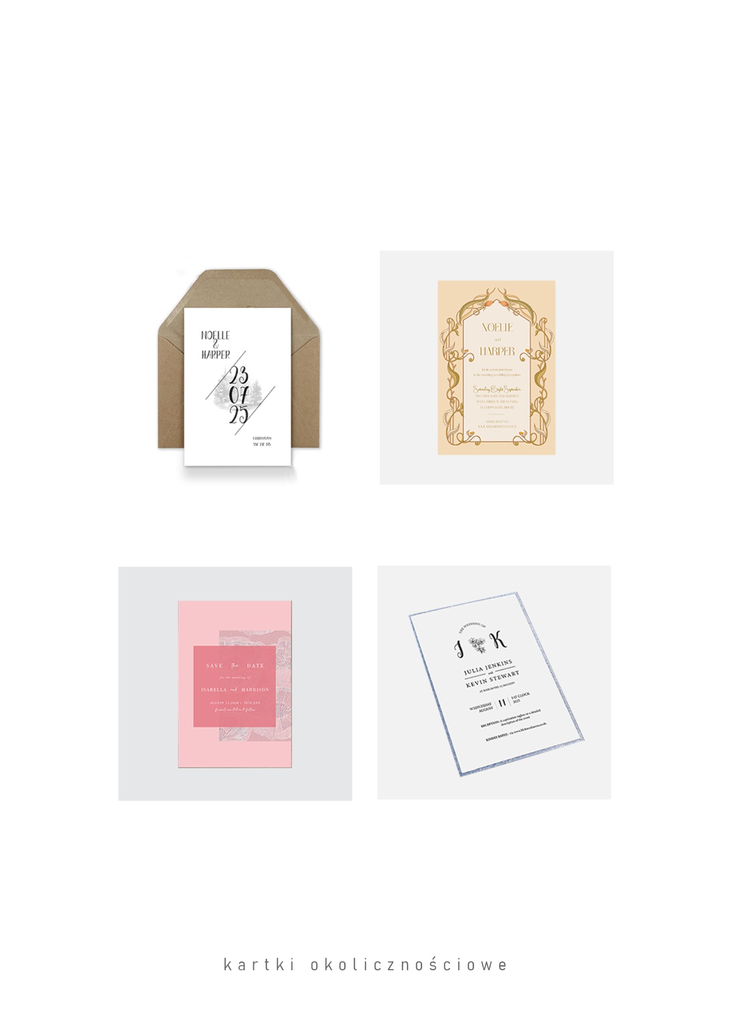 Cztery różne, eleganckie kartki okolicznościowe z unikalnymi wzorami i kolorystyką, ułożone na białym tle. Widoczne detale typograficzne i graficzne.