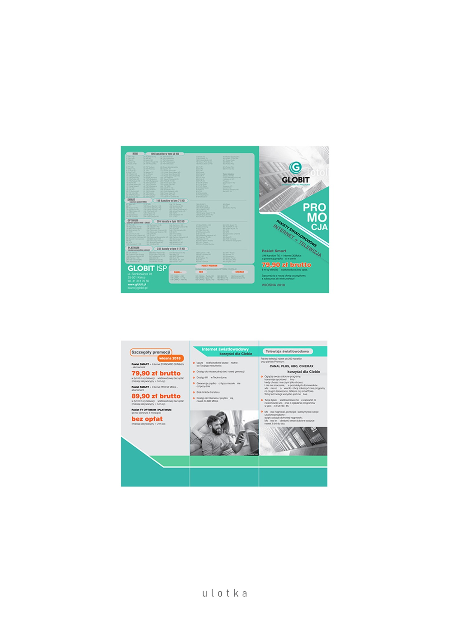 Ulotka reklamowa Globit ISP z ofertą pakietów światłowodowych, internetu i telewizji. Promocja wiosenna 2018, szczegóły oferty, pakiety i ceny.