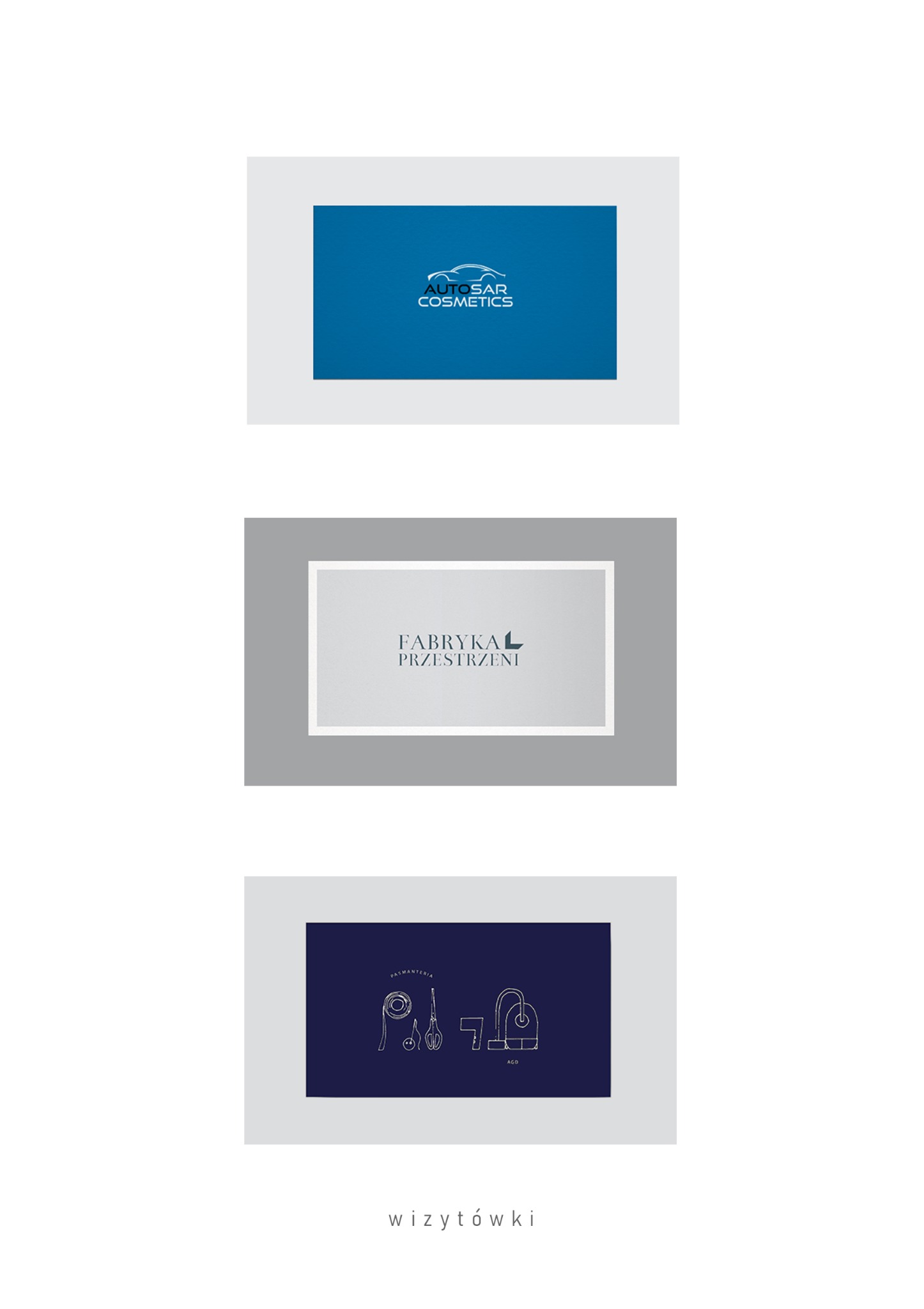 Kompilacja trzech projektów graficznych: logo 'Auto Sar Cosmetics', 'Fabryka Przestrzeni' i wizytówki z motywem pasmanterii na ciemnoniebieskim tle. Minimalistyczny design.