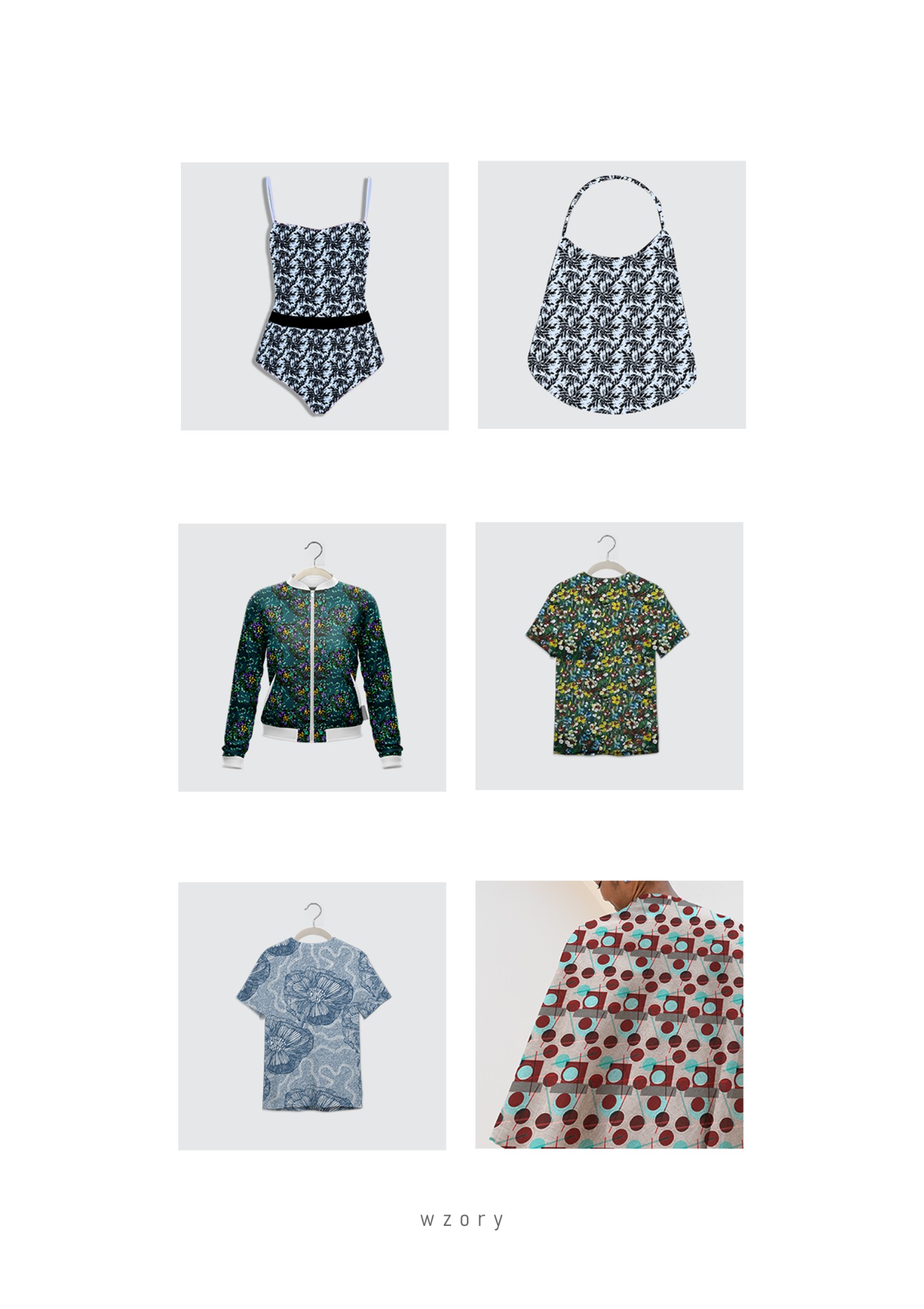 Kolaż sześciu ubrań z różnymi wzorami: kostium kąpielowy, torba, kurtka bomberka, dwie koszulki i bluzka. Ubrania wiszą na wieszakach na jasnym tle. Napis 'wzory' na dole.
