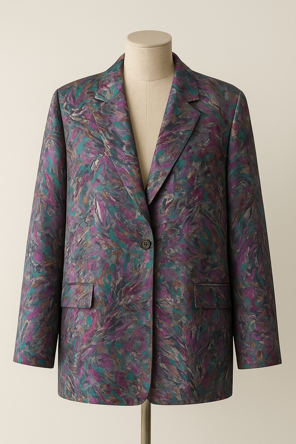 Żakiet damski o luźnym kroju, z abstrakcyjnym wzorem w odcieniach fioletu, zieleni i brązu, zapinany na jeden guzik, prezentowany na manekinie na jasnym tle.