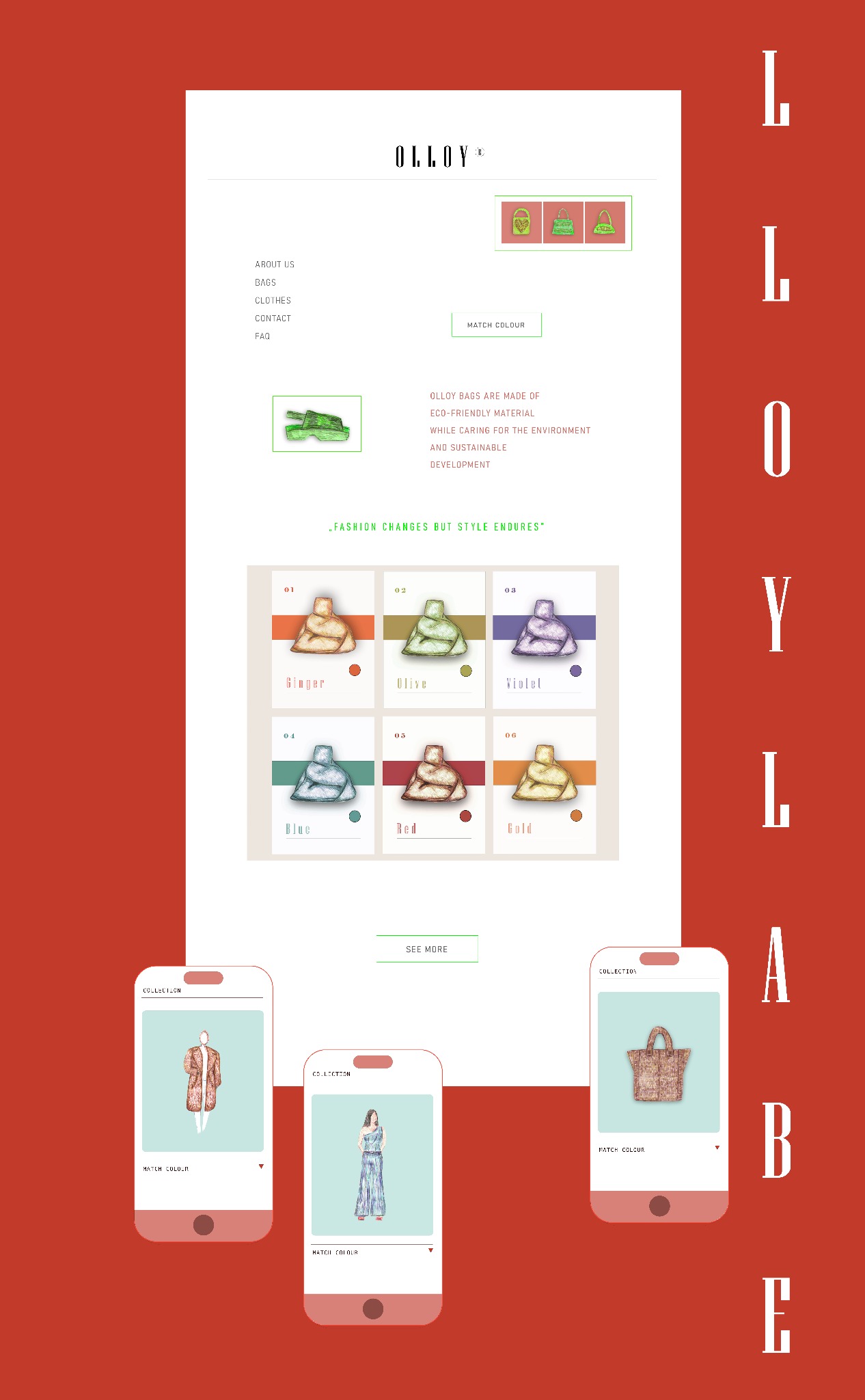 Ilustracja strony internetowej marki odzieżowej z kolekcją toreb, prezentowana na komputerze i smartfonach, na czerwonym tle z logo marki. Grafika w stylu vintage.