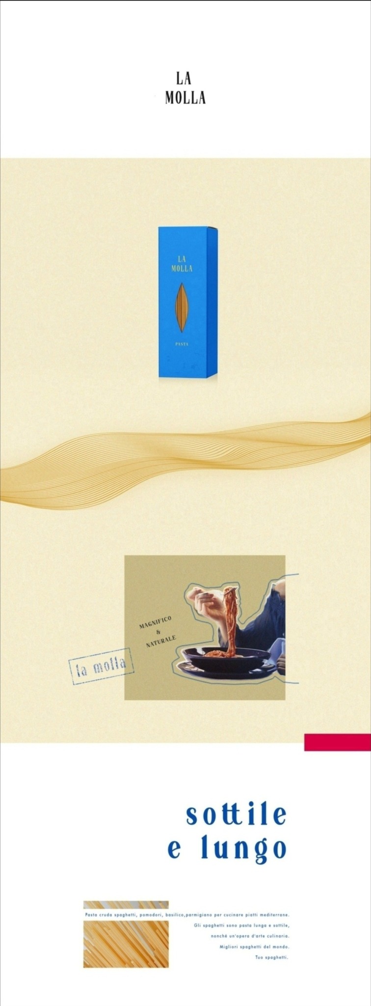 Grafika reklamowa makaronu La Molla: niebieskie opakowanie, ilustracja gotowania i hasło 'sottile e lungo'. Kremowe tło z delikatnymi złotymi liniami.