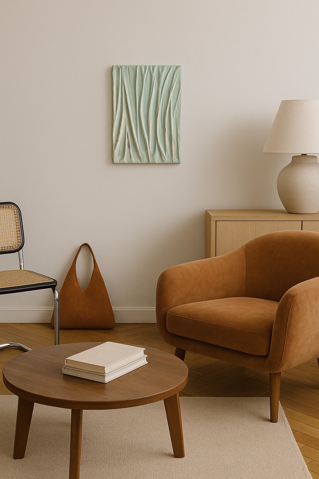 Stylowe wnętrze: brązowy fotel, okrągły stolik z książkami, abstrakcyjny obraz na ścianie, lampa i torebka w odcieniach brązu. Minimalistyczny design z akcentami retro.