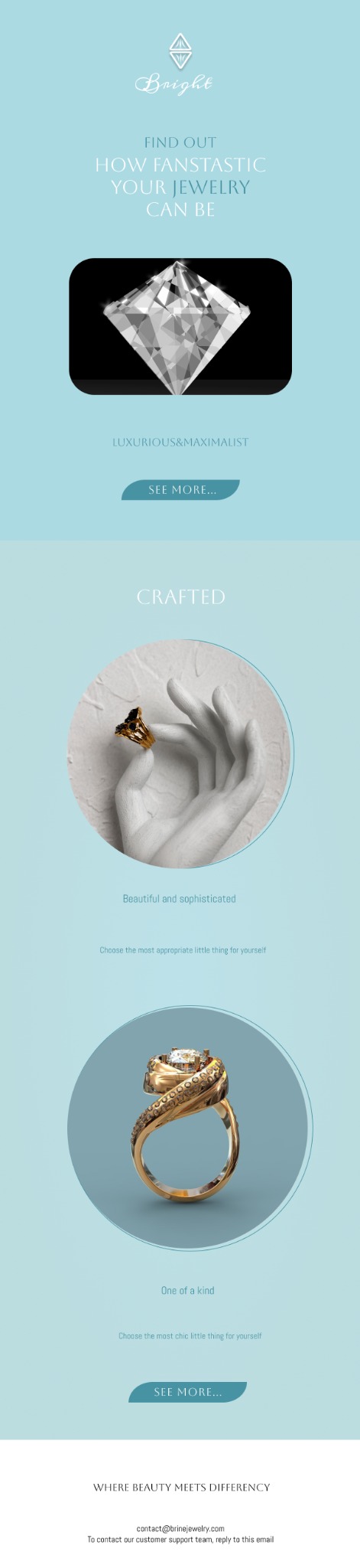 Grafika reklamowa biżuterii: brylant, złoty pierścionek na dłoni manekina i pierścionek z ornamentem. Pastelowe tło, hasła o luksusie i unikalności. Minimalistyczny design.