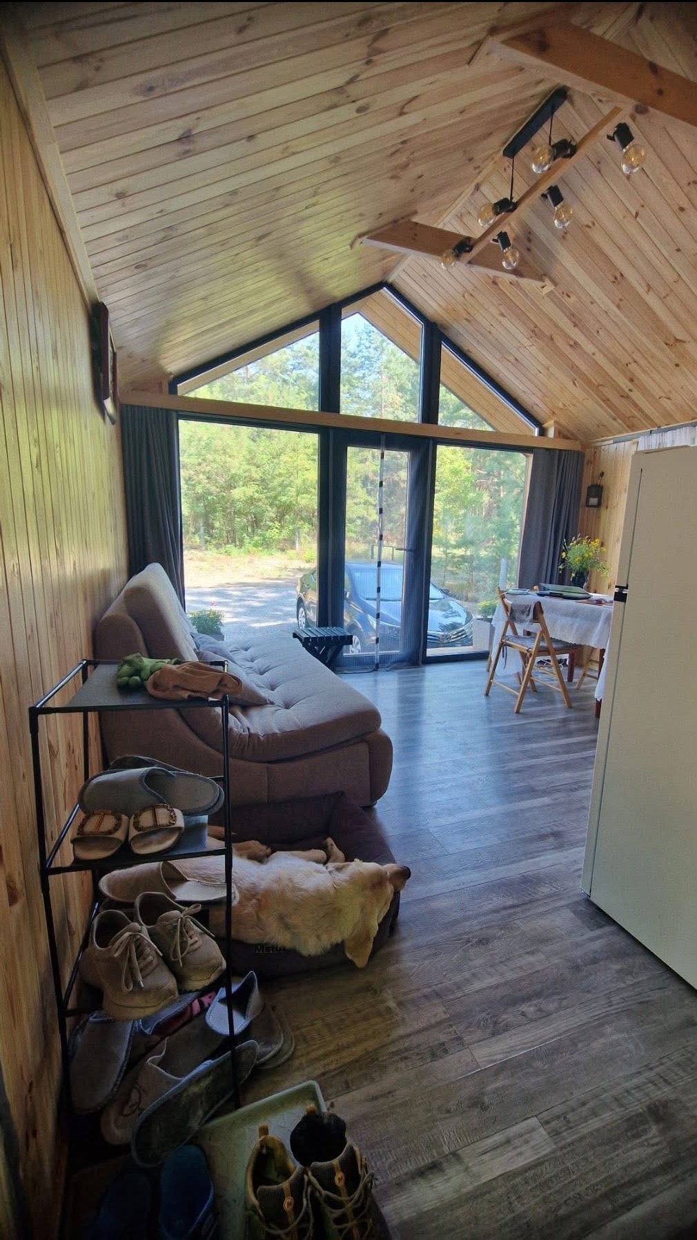 Jasne wnętrze domu z drewnianym wykończeniem ścian i sufitu, dużym oknem z widokiem na zieleń, sofą i psem leżącym na posłaniu. Widoczna lampa sufitowa.