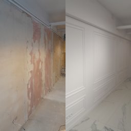 SHEVA-BUD - Korytarz: widok przed i po. Po lewej surowa ściana z instalacją, po prawej wykończona, biała ściana z dekoracyjnymi panelami i marmurową podłogą.